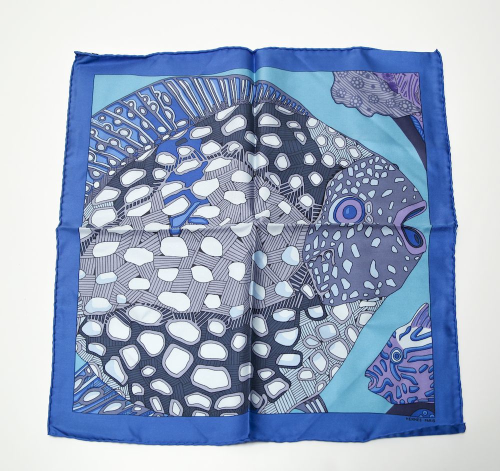 Appraisal: Hermes Fish Motif Pocket Square Hermes silk pocket square fish