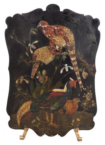 Appraisal: Painted Tole Fire Screen The shaped panel decorated with birds