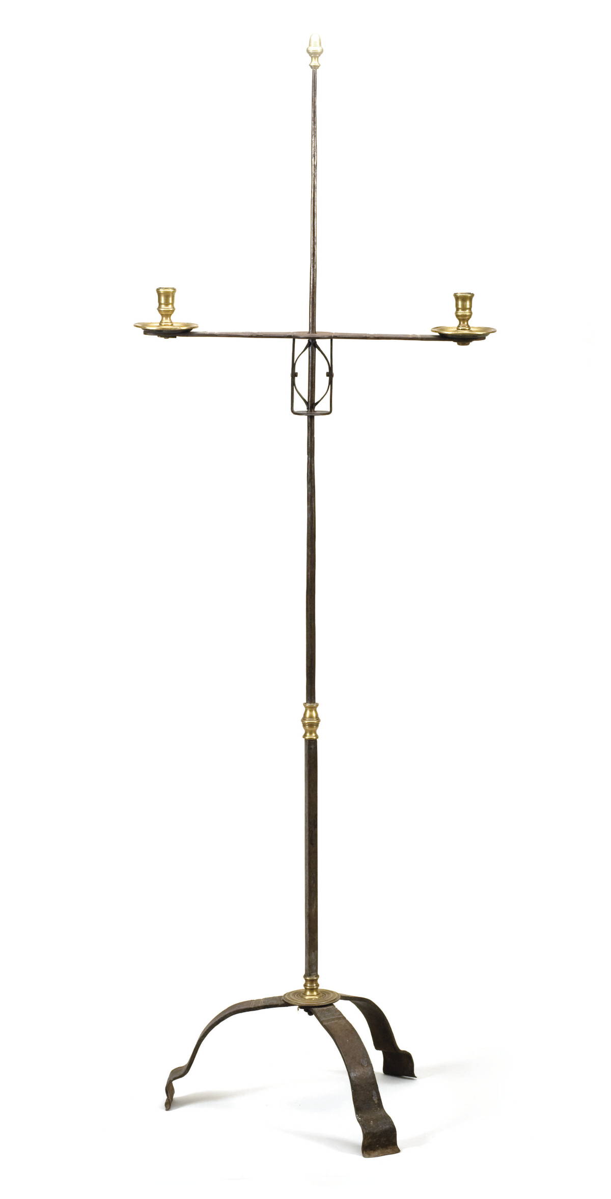 Appraisal: WROUGHT IRON AND BRASS TWO-LIGHT CANDLESTAND The standard with brass