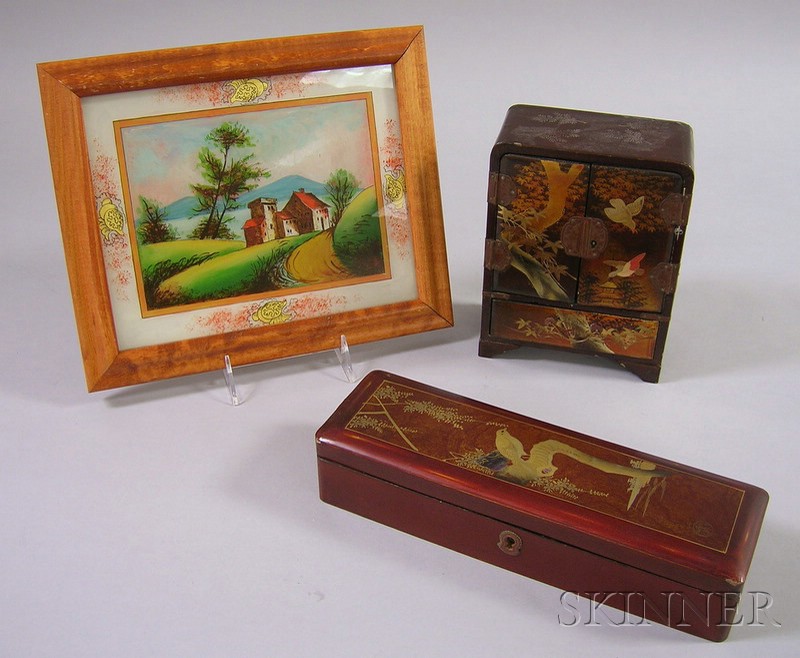 Appraisal: Framed Reverse-painted Continental Scene and Two Lacquer Boxes both boxes