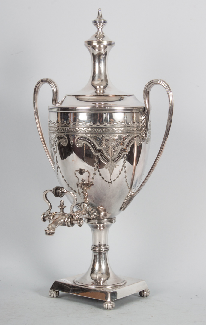 Appraisal: Silver-plated hot water urn engraved decoration in