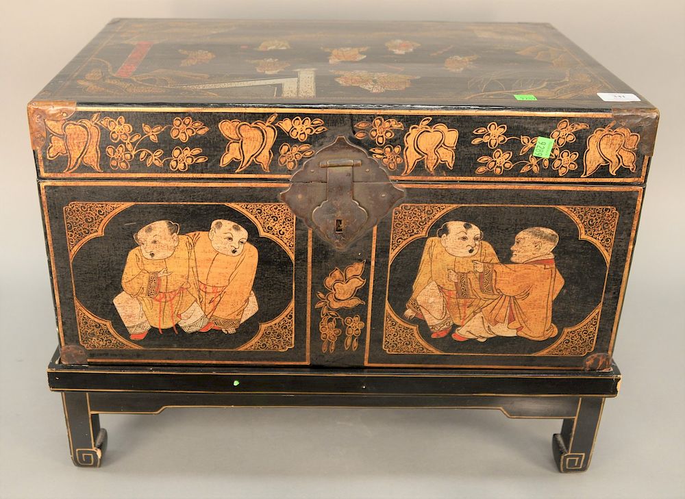 Appraisal: Chinese lacquered and painted lift top box ht in top