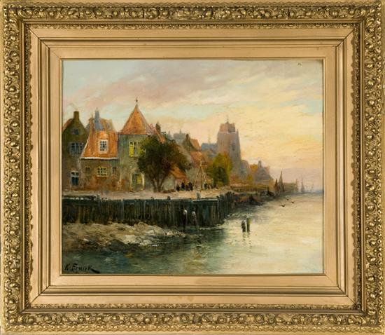 Appraisal: A post-impressionist style waterfront town scene th century Oil on