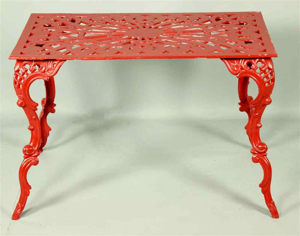 Appraisal: RED PAINTED CAST IRON GARDEN TABLE WITH WHITE MARBLE TOP