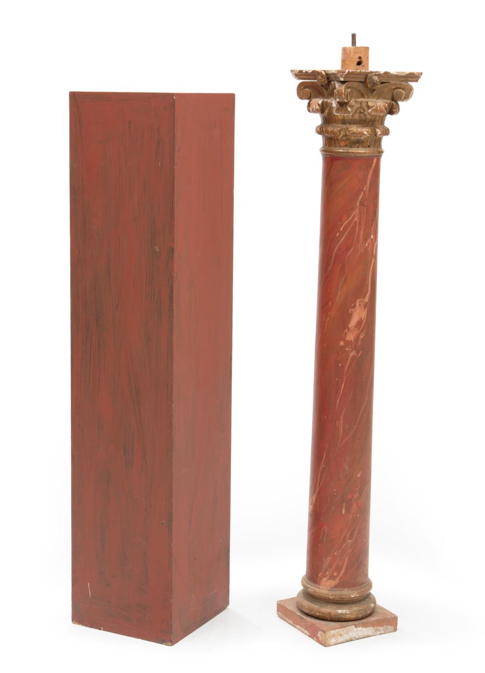 Appraisal: Carved and Painted Wood Column-Form Pedestal Corinthian capital marbleized shaft