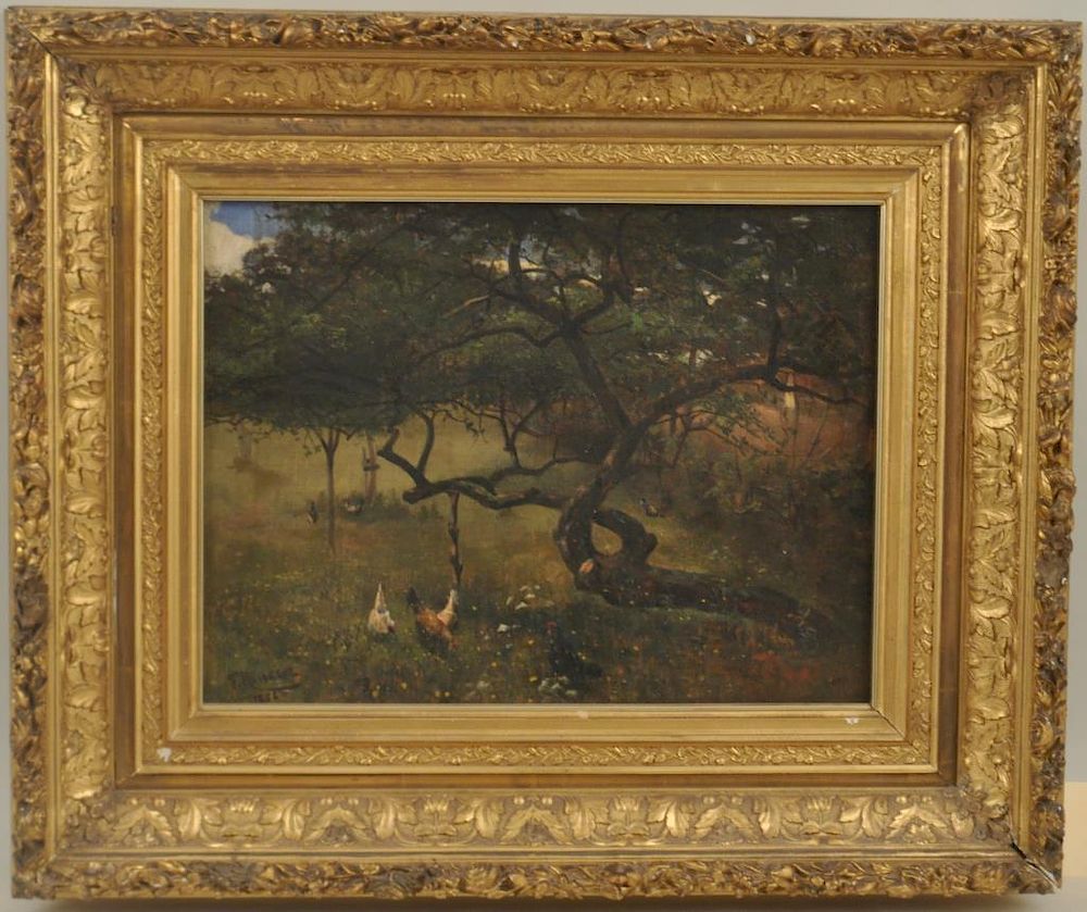 Appraisal: F Roussel O C Chickens Under Apple Tree th century