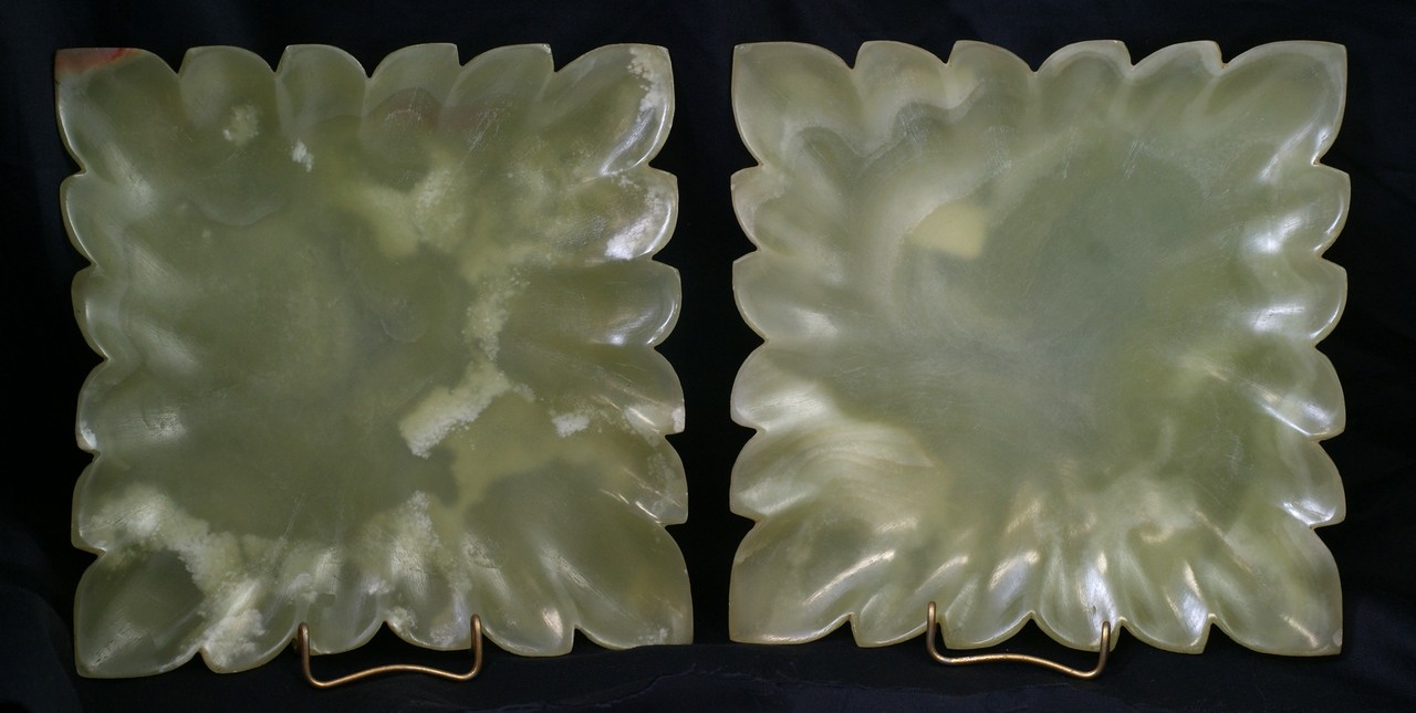 Appraisal: Pr square green jade shallow plates with scalloped leaf form