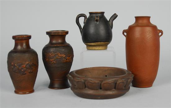 Appraisal: THREE CHINESE YIXING VASES A WINE POT and a LOTUS