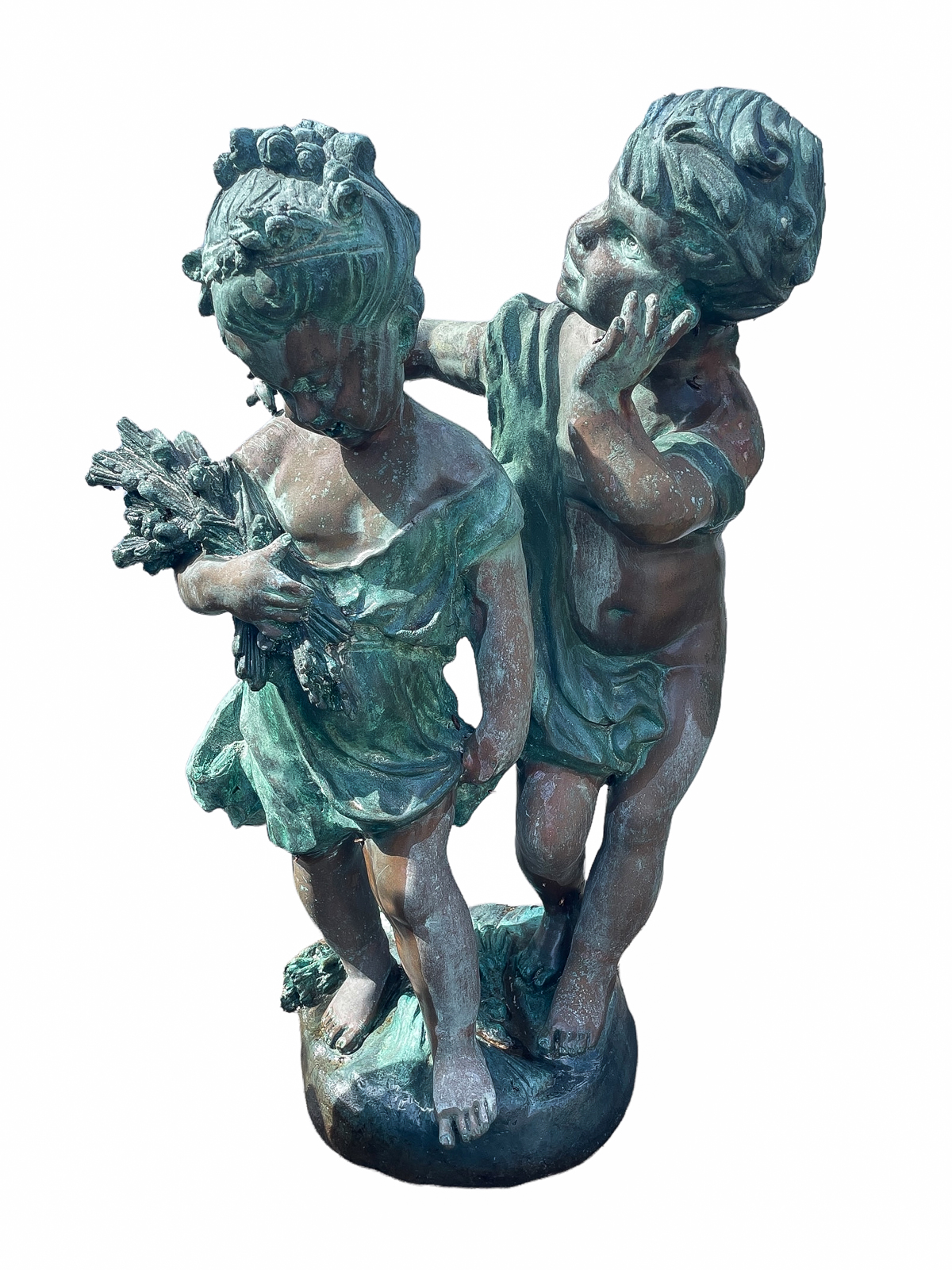 Appraisal: YOUNG BOY GIRL BRONZE GARDEN SCULPTURE Well-patinated bronze of two