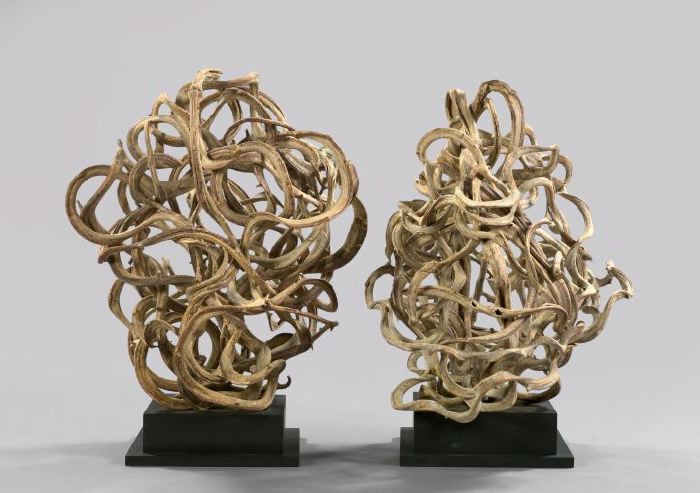 Appraisal: Large Pair of Spherical Dried and Interwoven Sea Vine Garnitures