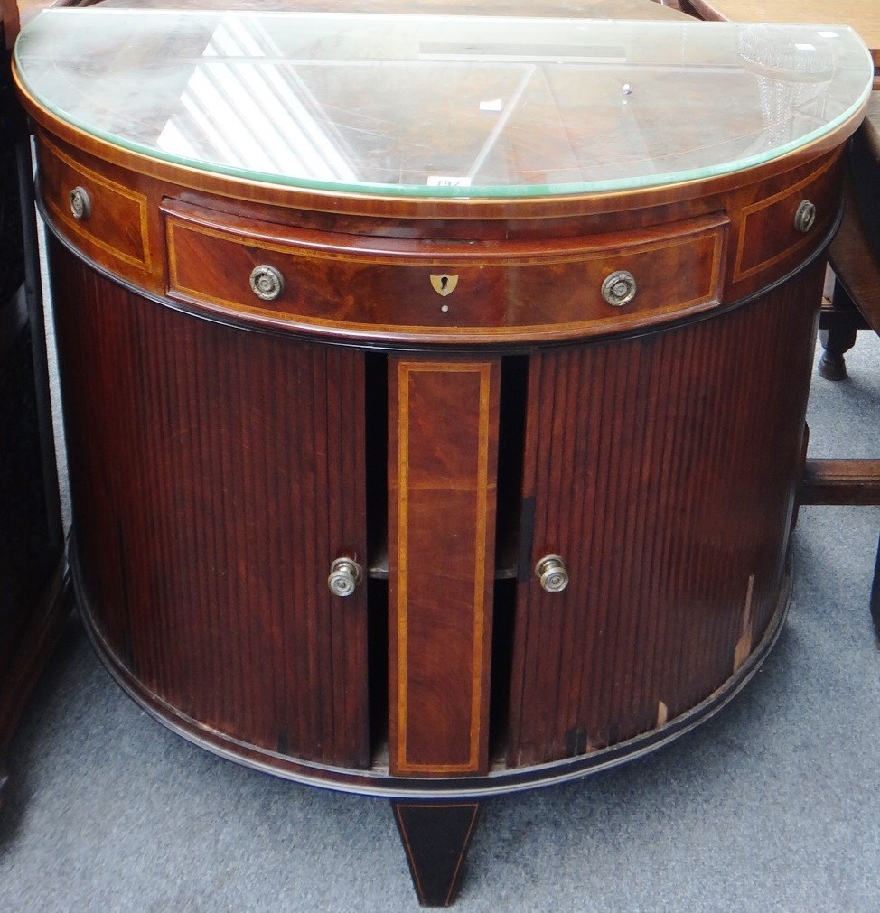 Appraisal: A th century inlaid mahogany demi lune side cabinet with