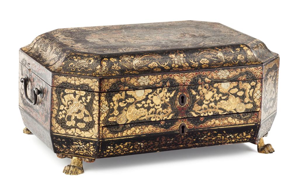 Appraisal: YCHINESE EXPORT LACQUERED WORKBOX TH CENTURY of canted rectangular form