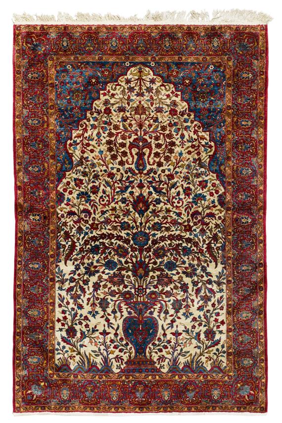 Appraisal: KESHAN SILK antique Beige mihrab with blue spandrels finely patterned