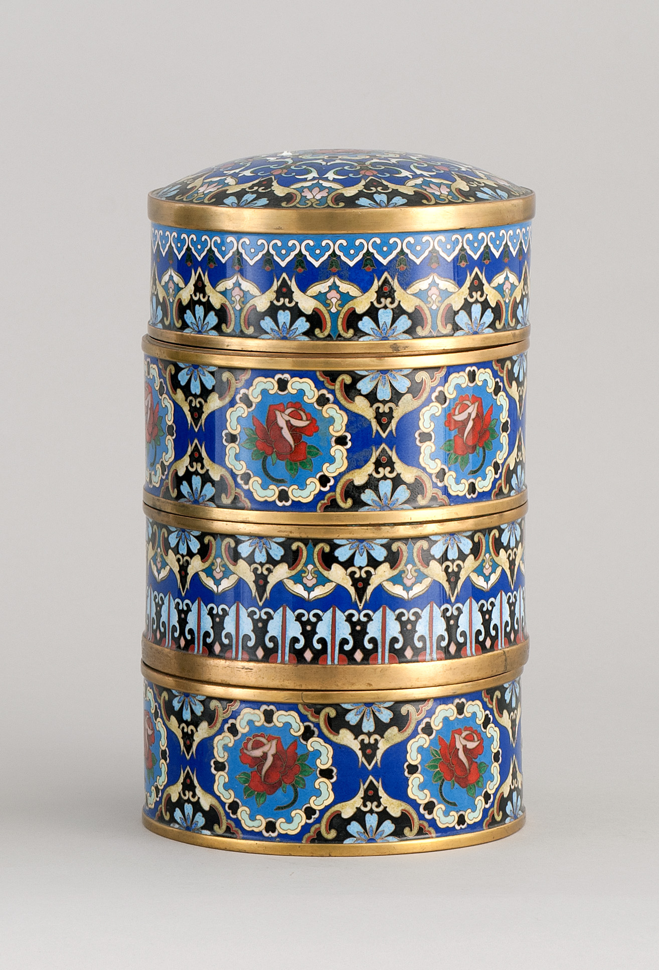 Appraisal: FOUR-SECTION CLOISONN ENAMEL CYLINDRICAL BOX th CenturyWith floral design on