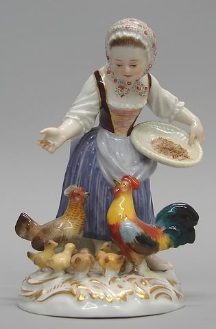 Appraisal: Woman feeding chickens with blue crossed swords mark t minor