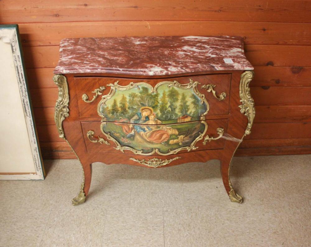 Appraisal: LOUIS XV STYLE VERNIS MARTIN BOMBE COMMODE a -drawer commode