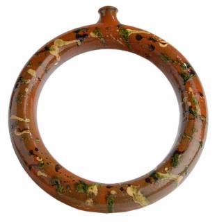 Appraisal: Rare Slip Decorated Redware Ring Jug circular jug form with