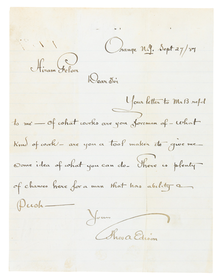 Appraisal: EDISON THOMAS A Autograph Letter Signed Thos A Edison to