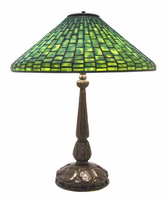 Appraisal: A Tiffany Studios Favrile Glass and Bronze Geometric Table Lamp