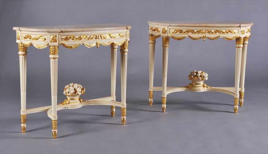 Appraisal: PAIR OF ITALIAN NEOCLASSICAL CARVED PAINTED AND PARCEL-GILT DEMILUNE CONSOLE