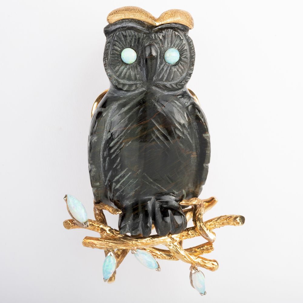 Appraisal: k Gold Opal and Black Stone Owl Pin k Gold