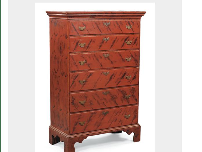 Appraisal: NEW ENGLAND CHIPPENDALE RED PAINTED AND DECORATED TALL CHEST OF