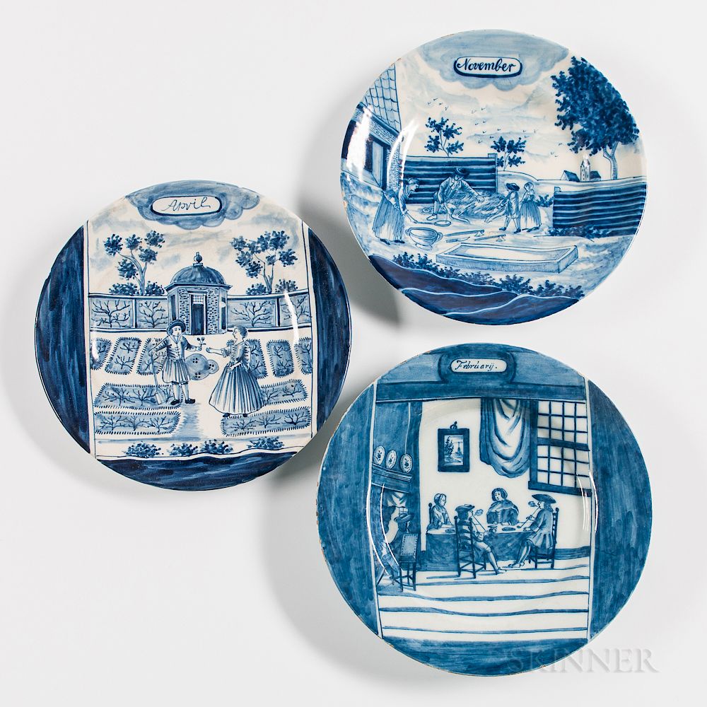 Appraisal: Three Tin-glazed Earthenware Month Plates Three Tin-glazed Earthenware Month Plates