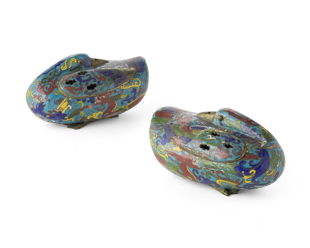 Appraisal: PAIR OF CLOISONN CENSERS IN THE FORM OF DUCKS the