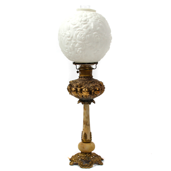 Appraisal: Victorian electrified gas lamp with milk glass globe molded with