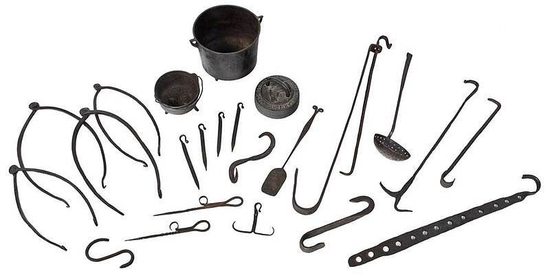 Appraisal: Wrought Iron Hearth Accessories American th century including hobble marked