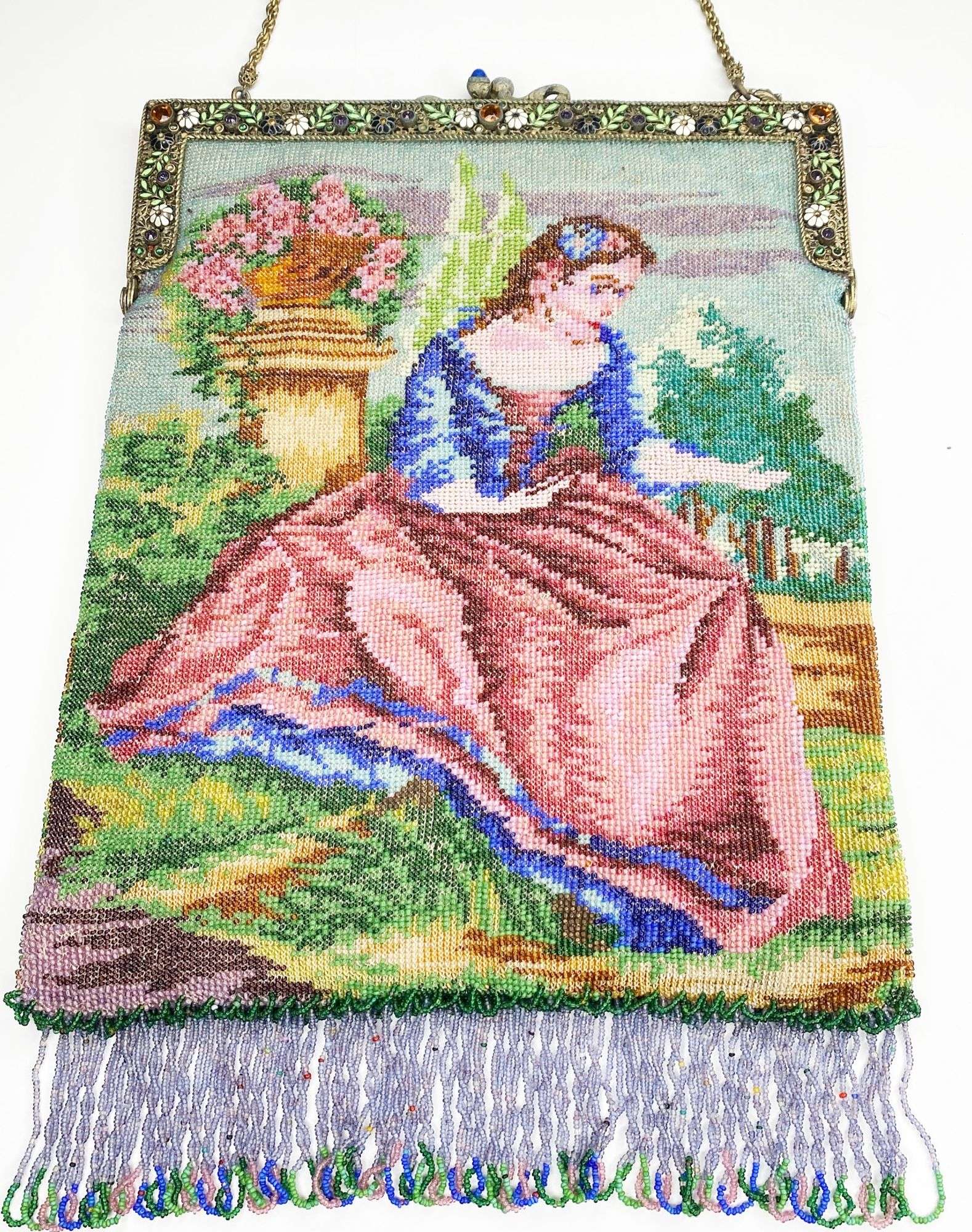 Appraisal: Micro Beaded Purse with Victorian Woman in Garden and Enameled