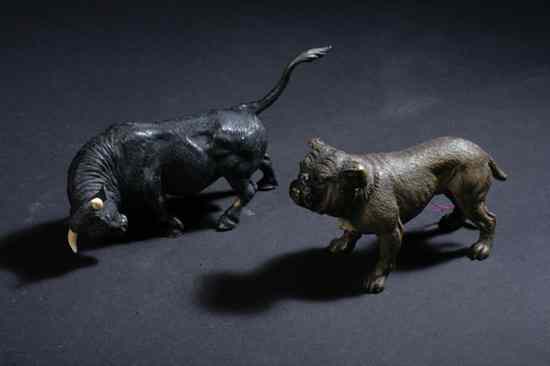 Appraisal: TWO AUSTRIAN MINIATURE BRONZE FIGURES OF ANIMALS Including a bull