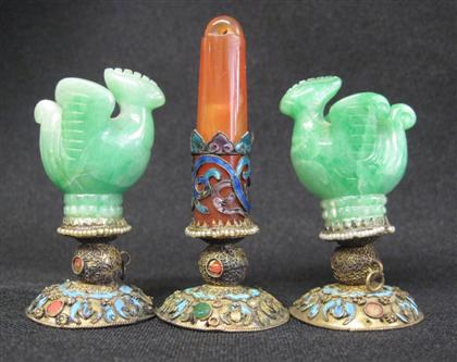 Appraisal: Three Chinese gilt metal hardstone and feather hat finials th