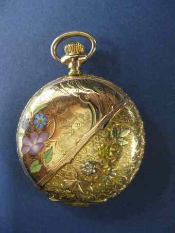 Appraisal: Waltham k Gold Enameled Pocketwatch multi-color floral goldwork enamel hunting