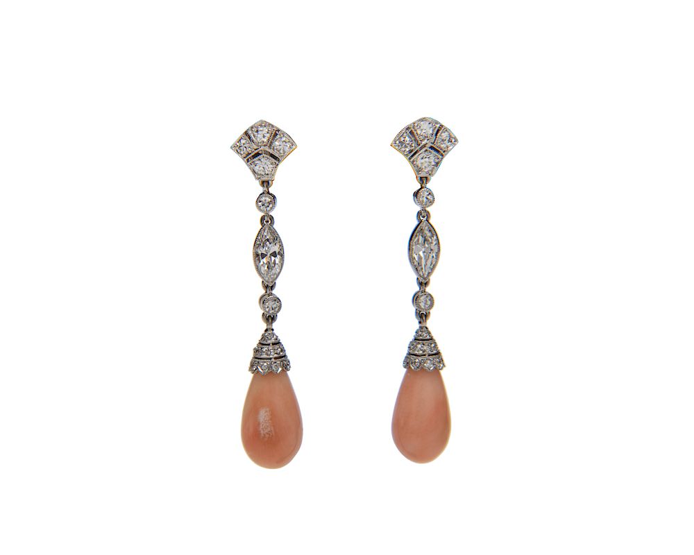 Appraisal: Platinum Diamond and Coral Pendant Earrings Platinum Diamond and Coral