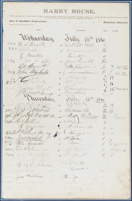 Appraisal: PONY EXPRESS A page from the Harry House hotel register