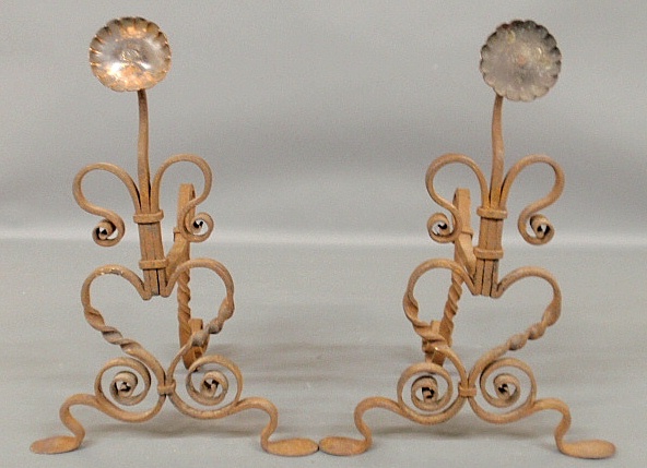 Appraisal: - Pair of wrought iron and copper sunflower-form andirons possibly