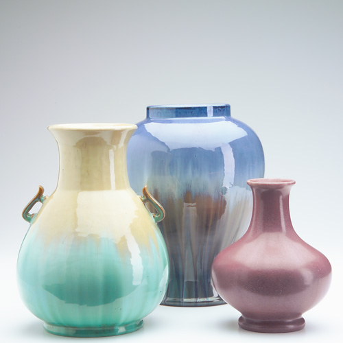 Appraisal: FULPER Three bulbous vases one in Chinese blue flambe glaze