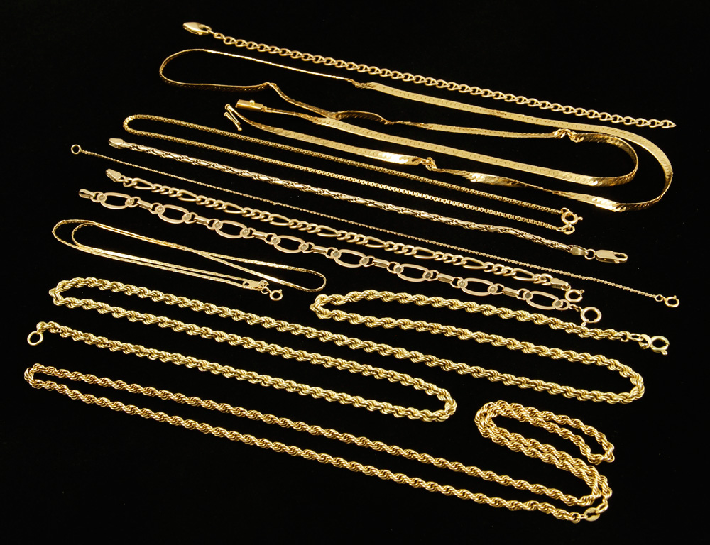 Appraisal: - K Gold Bracelets and Necklaces Collection of ten K