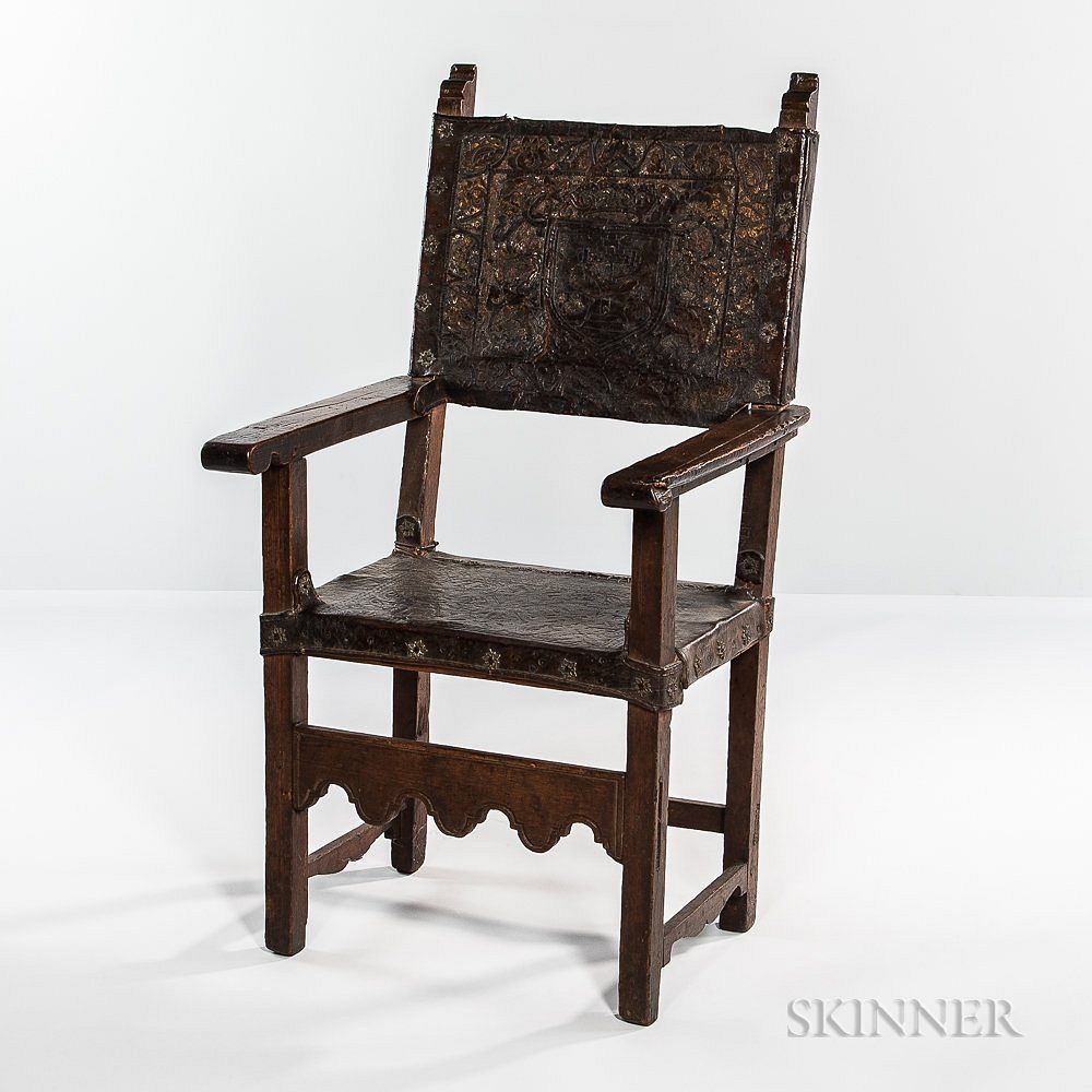 Appraisal: Renaissance-style Stamped Leather and Walnut Armchair Renaissance-style Stamped Leather and