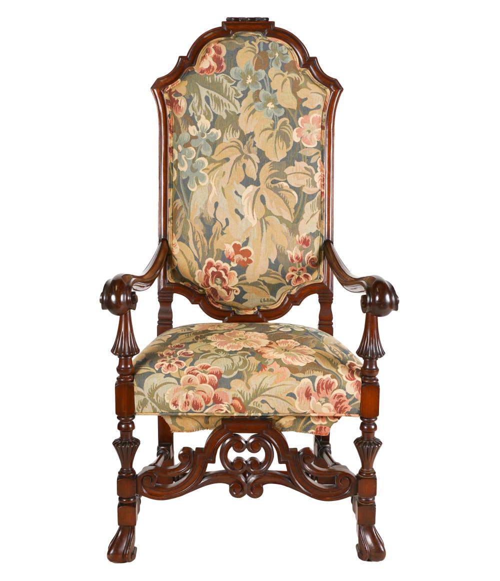 Appraisal: BAROQUE-STYLE WALNUT HALL CHAIRmodern unsigned covered with machine-made tapestry-style fabric