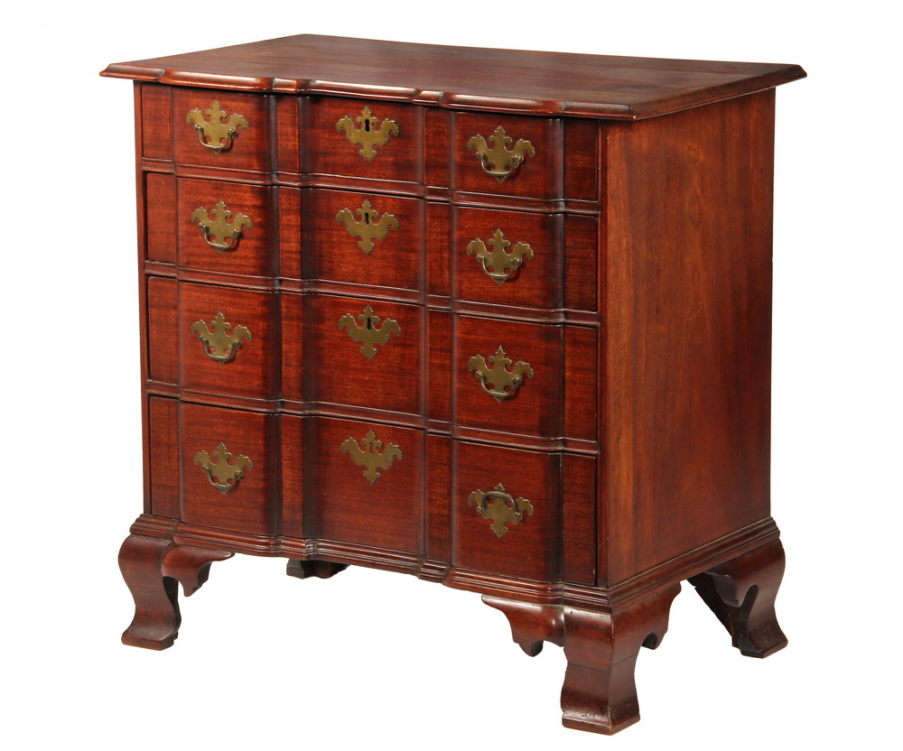 Appraisal: CHIPPENDALE CHEST - Diminutive Mahogany Blockfront Dresser with molded overhanging