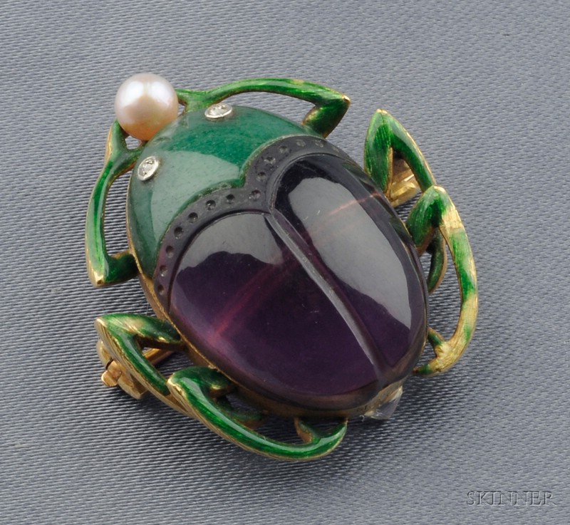 Appraisal: kt Gold Aventurine and Carved Amethyst Scarab Pendant Brooch Marcus