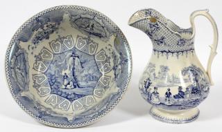 Appraisal: STAFFORDSHIRE BLUE WHITE TRANSFER PITCHER BASIN STAFFORDSHIRE BLUE WHITE TRANSFER