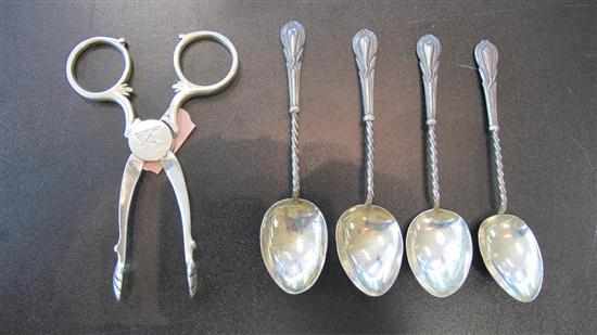 Appraisal: PAIR OF STERLING SILVER SALT TONGS AND FOUR STERLING SILVER