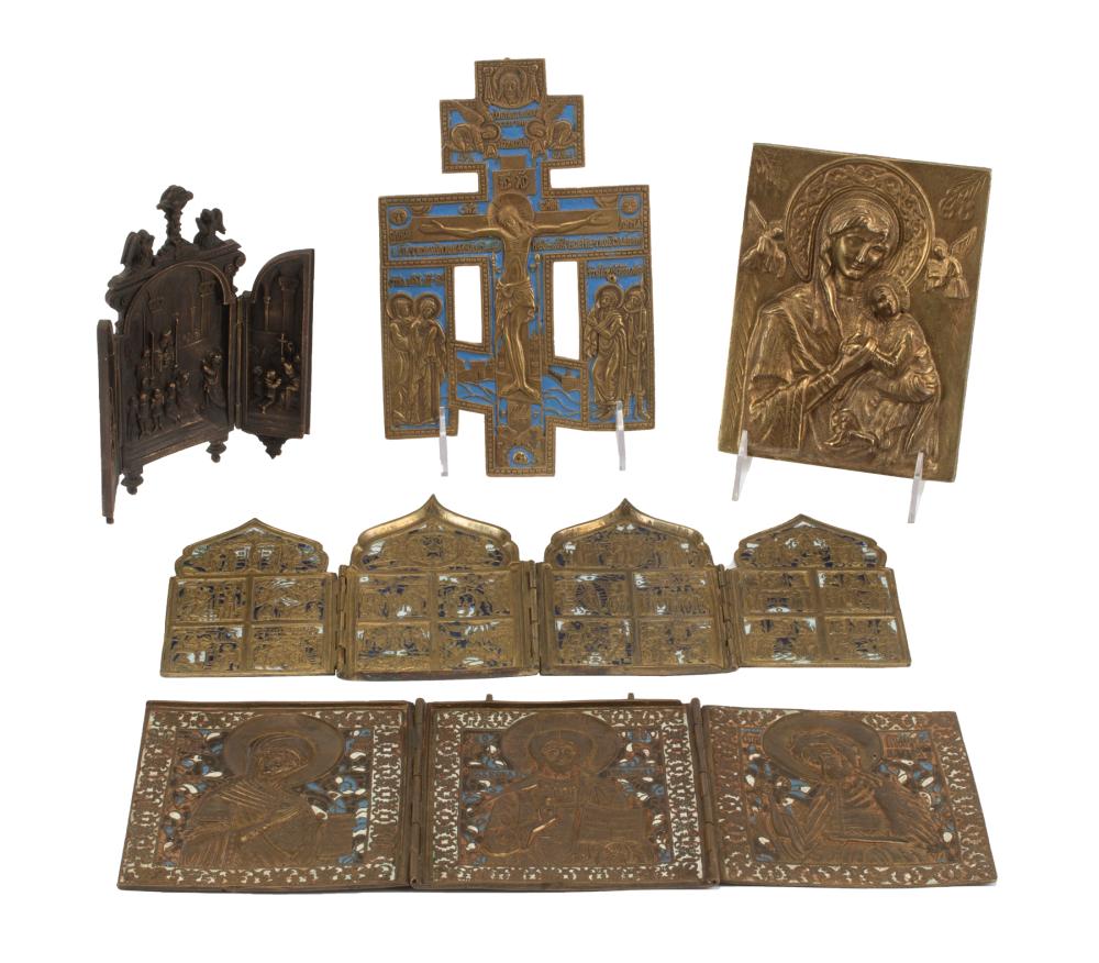 Appraisal: Five Byzantine-Style Enameled Bronze Ecclesiastical Plaques three folding largest h