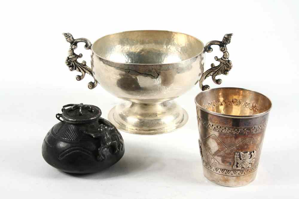 Appraisal: PCS PERUVIAN SILVER - Including Covered Inkwell with applied lizard