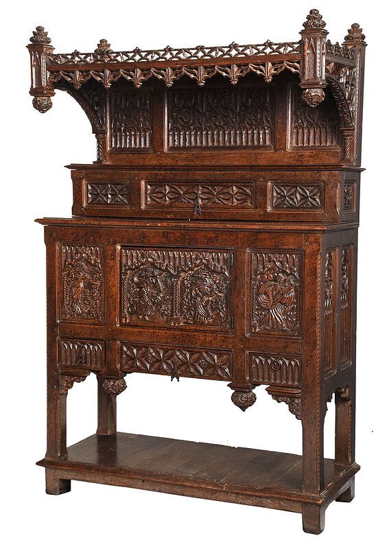 Appraisal: Impressive Gothic Style Carved Walnut Cupboard back with branded cipher