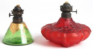 Appraisal: Glass Oil Lamps Comprising Bohemian green glass lamp with gilded