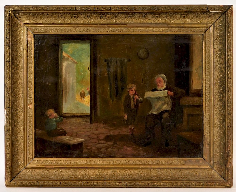 Appraisal: C American Illuminated Interior Genre Painting United States th Century